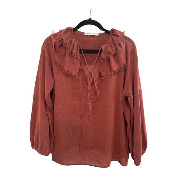 Zara Burgundy Ruffled Tie Front 3/4 Sleeve Blouse M - Picture 1 of 5